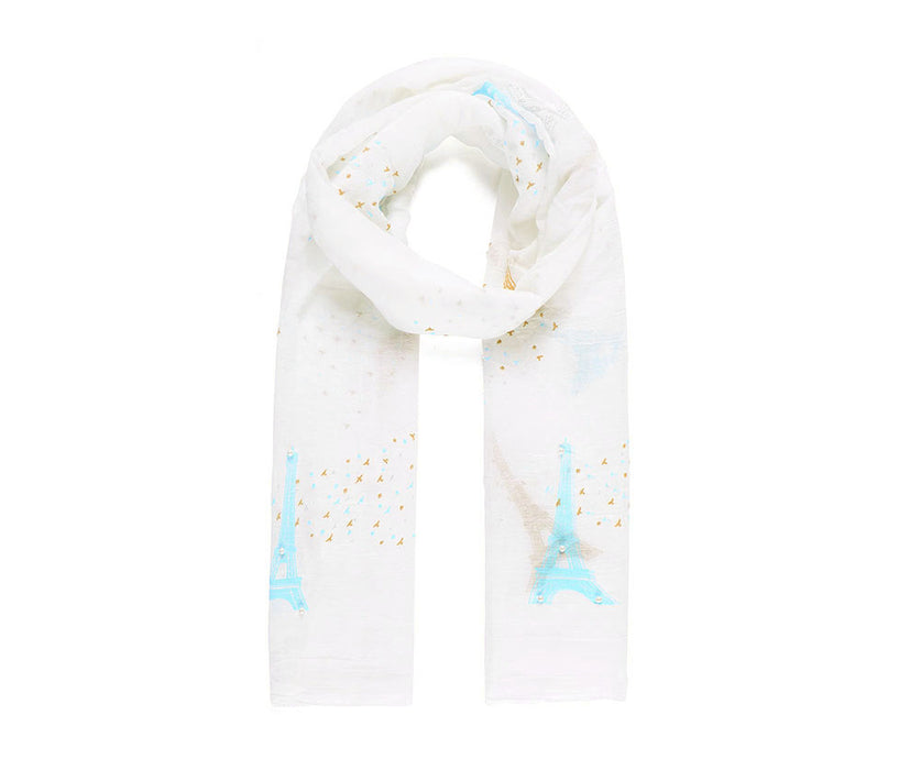 White Eiffel Tower print scarf with pearls