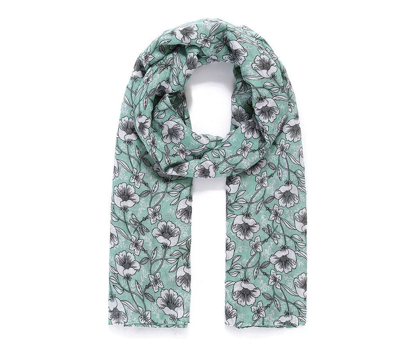 Green Floral Sketch Print Scarf