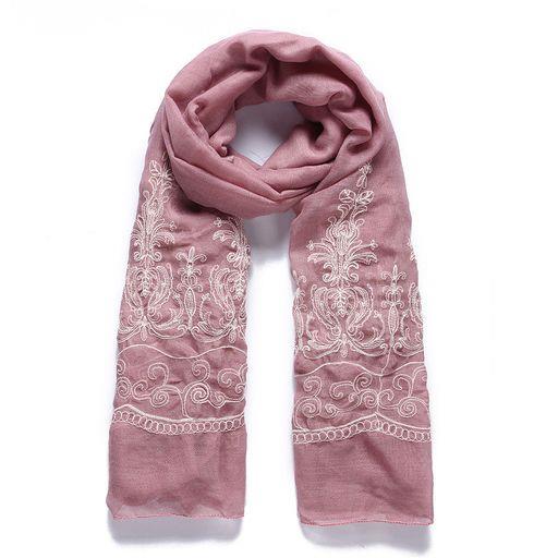 Pink floral embroidered long scarf