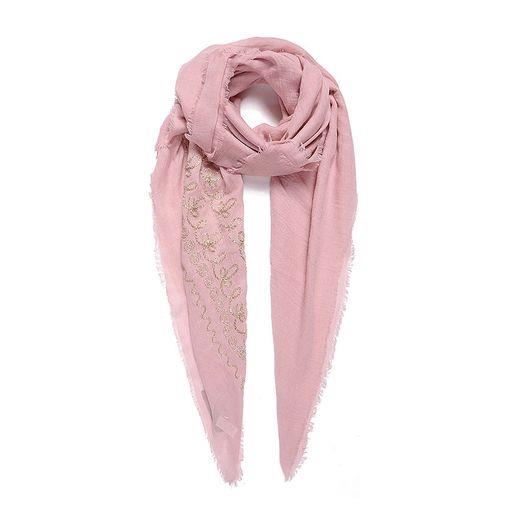 Large pink golden floral embroidered square scarf