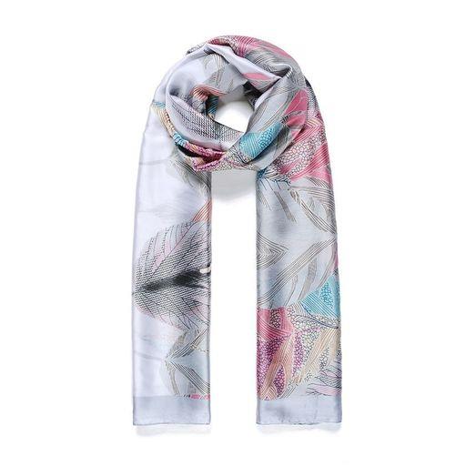 Grey Border Silk Like Leafy Print Scarf