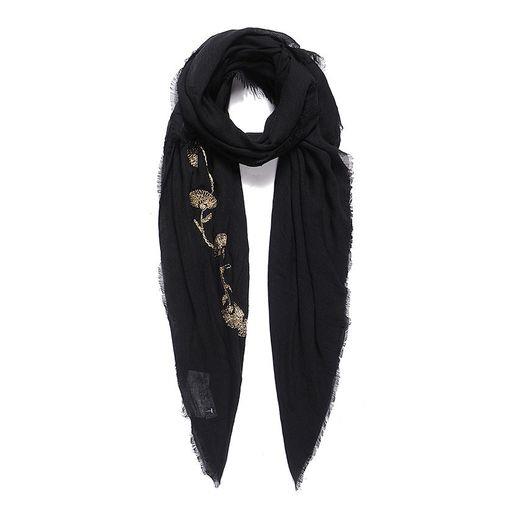 Large black golden floral embroidered square scarf