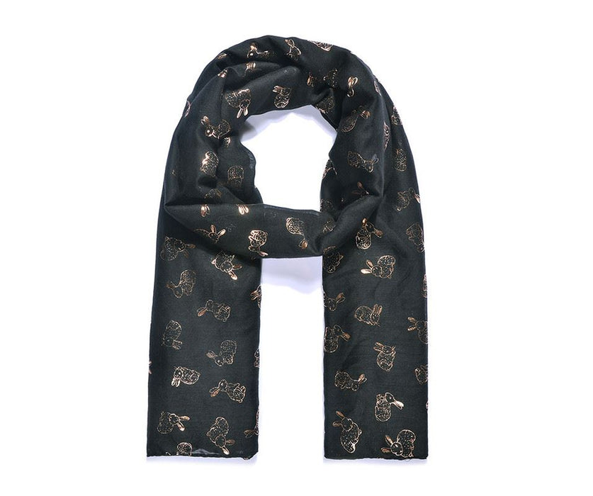 Black Rose Gold Foil Rabbit Print Scarf