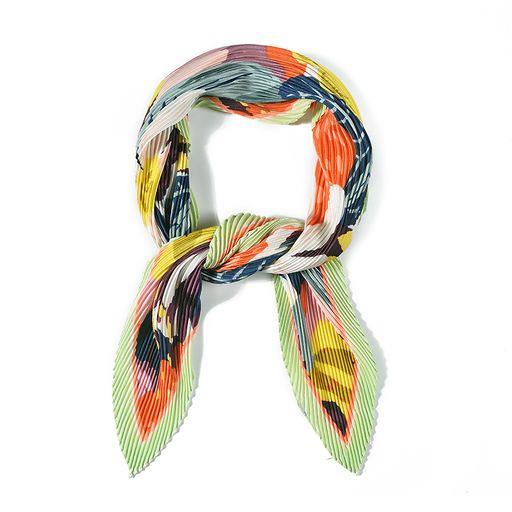 Lilac/Green Floral Silk Like pleated Square Scarf