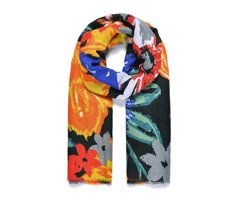 Black Orange Floral Print Scarf