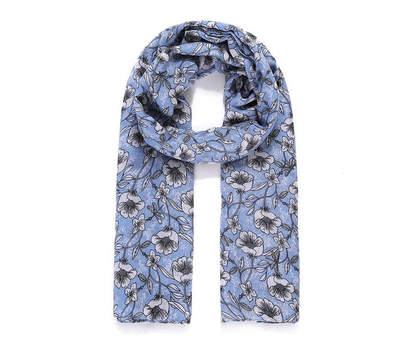 Blue Floral Sketch Print Scarf
