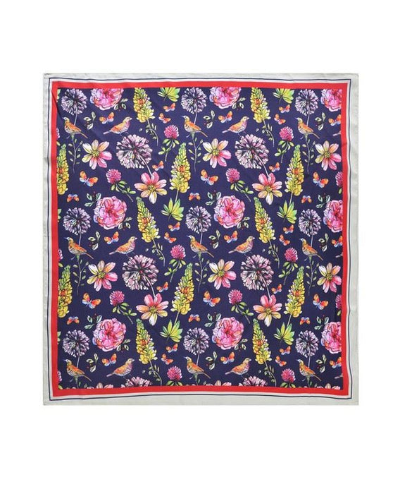Navy Garden Print Silk Like Square Scarf