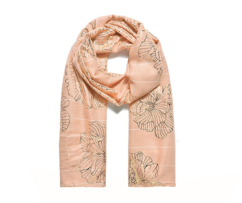 Peach gold large floral foil print scarf