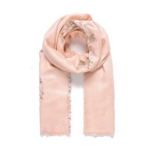 Large pink butterfly and leafy embroidered square scarf