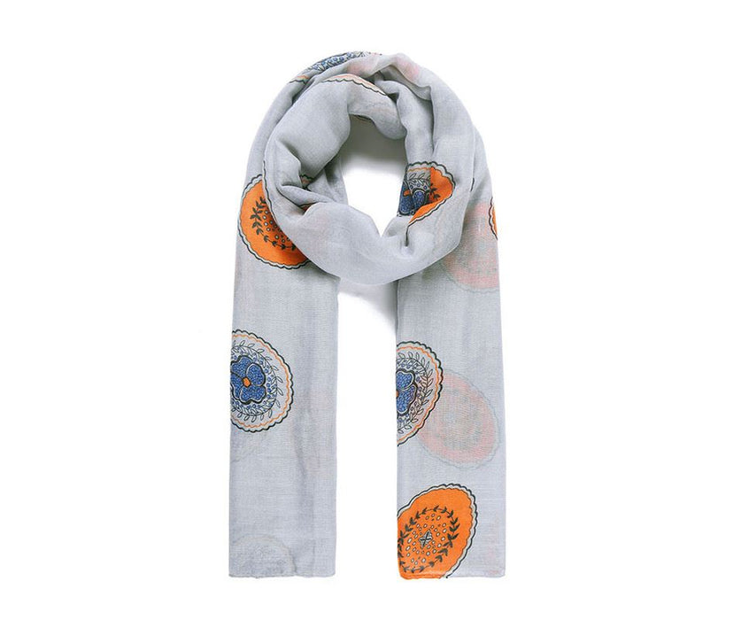 Grey/orange round flower print scarf - Fable