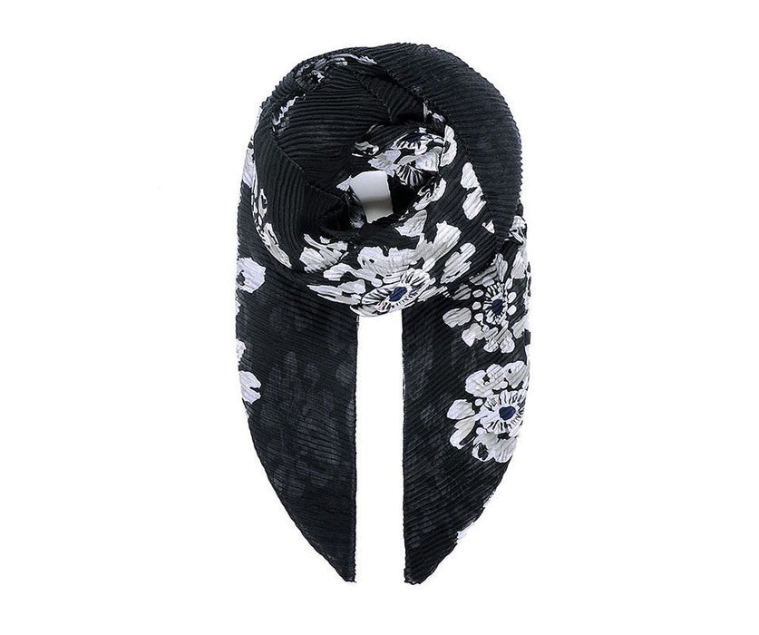 Black floral print pleated scarf