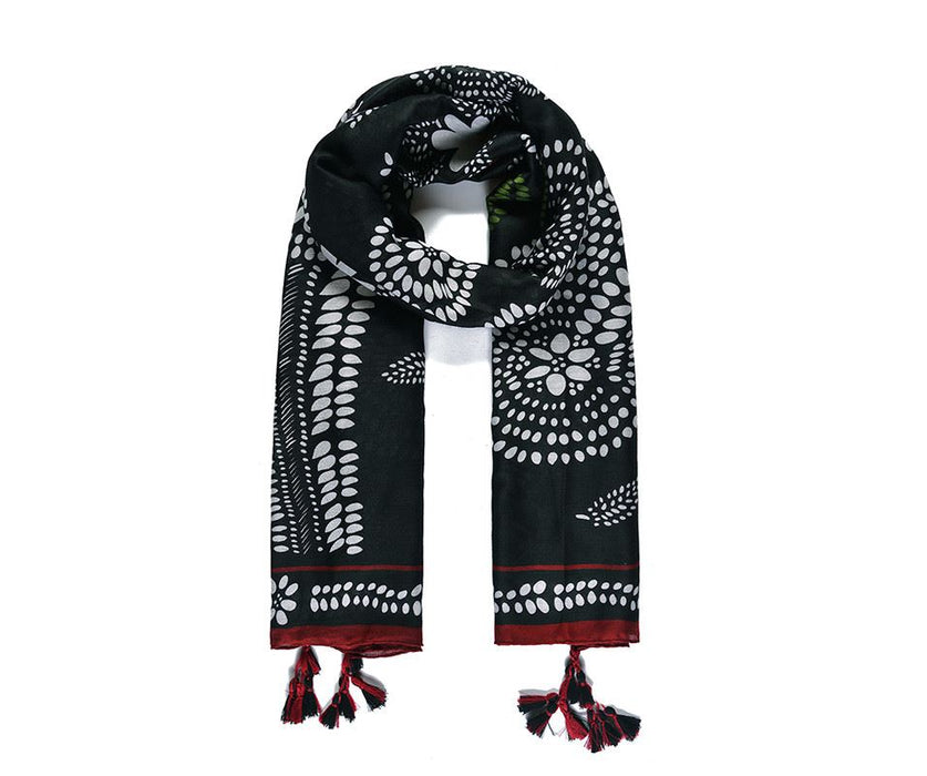 Black Floral Print Scarf with Tassels