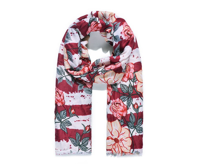 Burgundy Stripe Floral Print Scarf