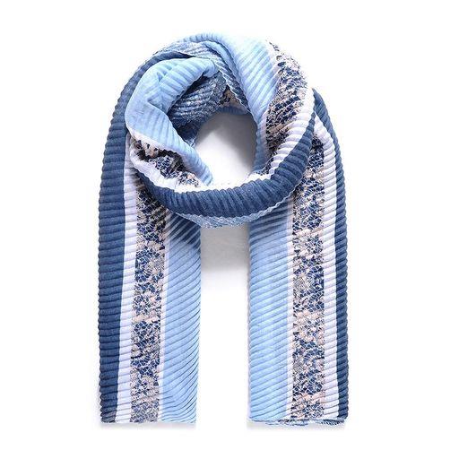 Blue Floral Border Print Pleated Scarf