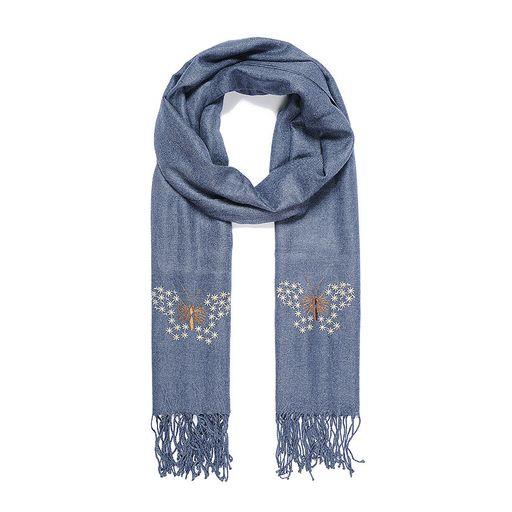 Blue butterfly embroidered scarf