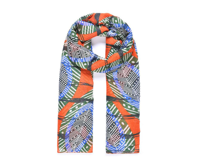 Rust Leaf on Stripe Print Scarf