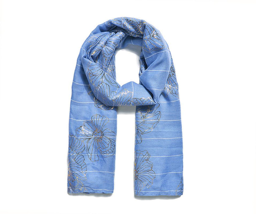Blue gold large floral foil print scarf