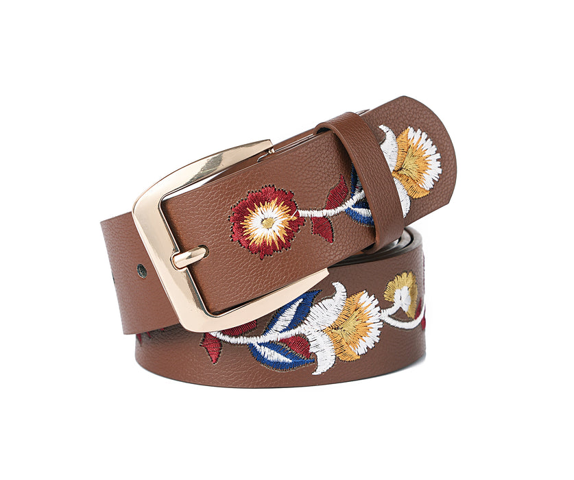 Brown detailed floral embroidered belt - M/L