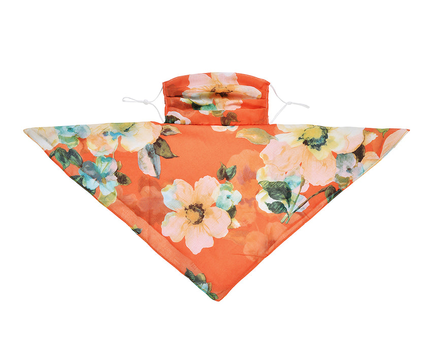 Orange white floral square scarf with earloops