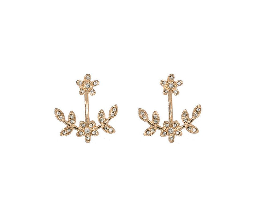 Gold Sparkly Stud Earrings With Leafy And Flowery Detail