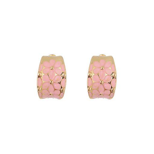 Pink Floral Gold Huggie Hoop Earrings