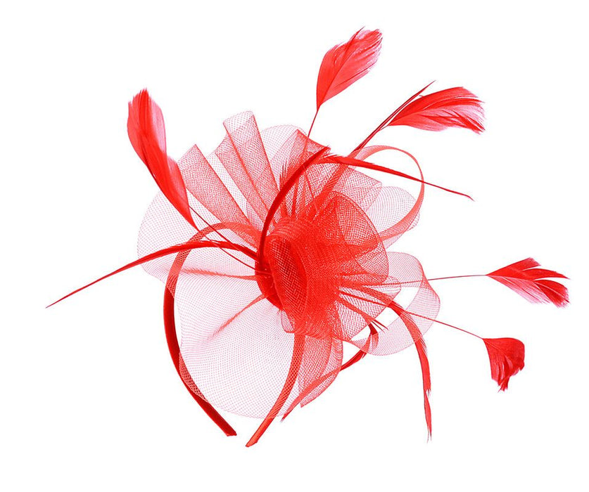Red large fascinator with organza and feathers