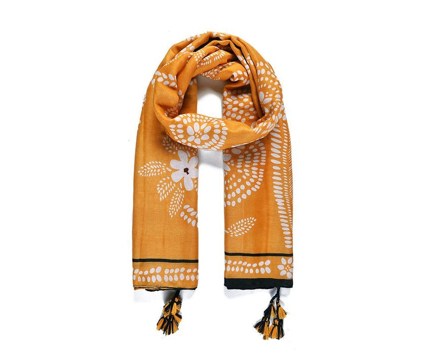 Ochre Floral Print Scarf with Tassels