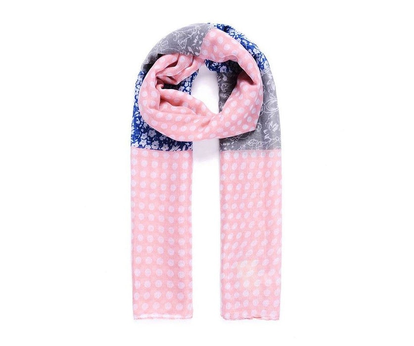 Pink polka dot and floral print scarf