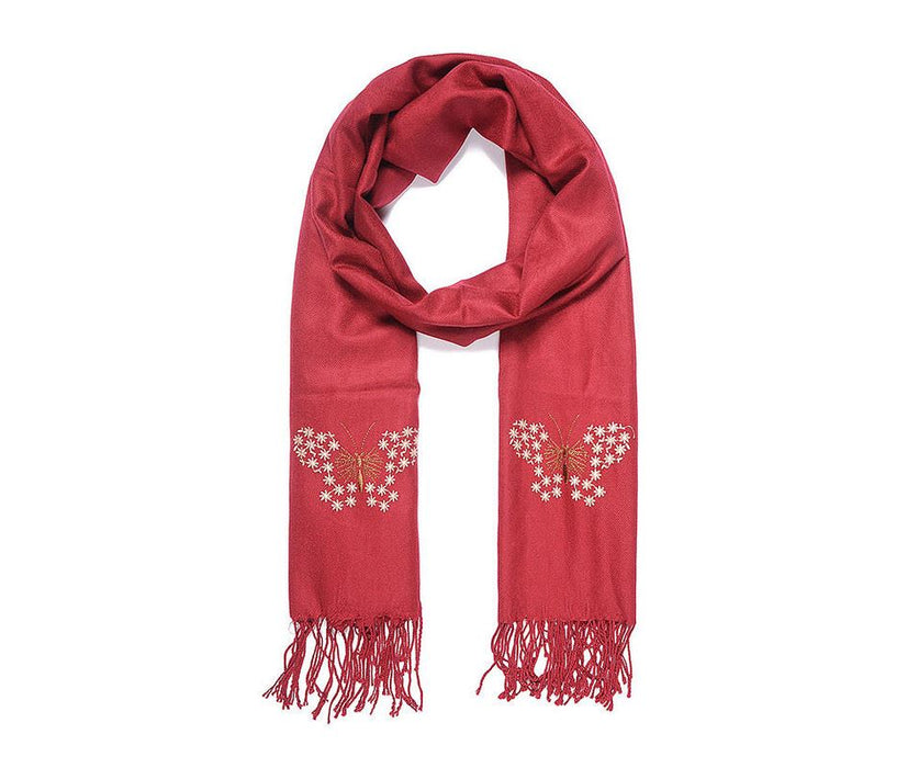 Red butterfly embroidered scarf