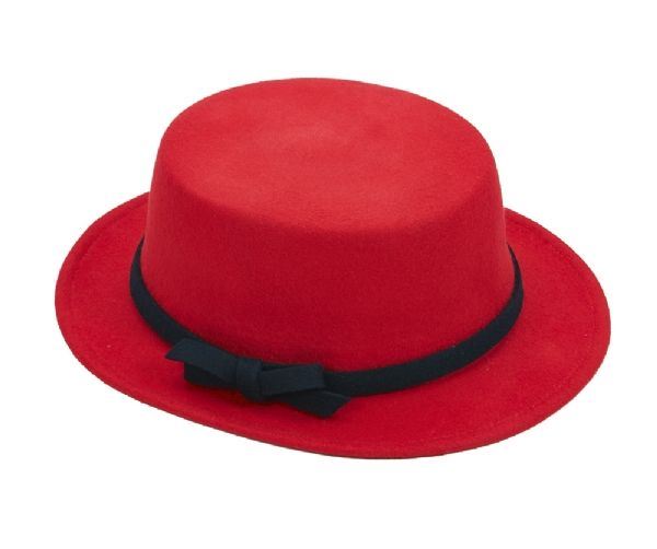 Red fedora style hat with black bow