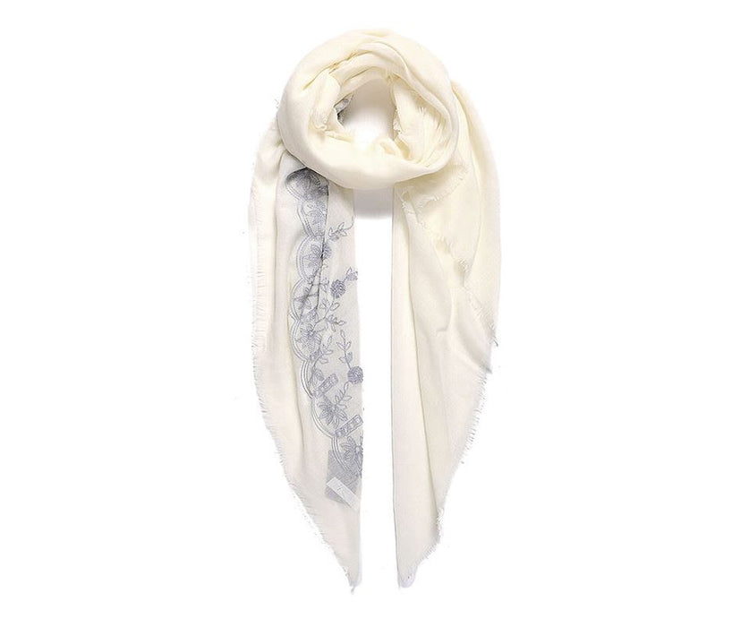Large ivory floral embroidered square scarf