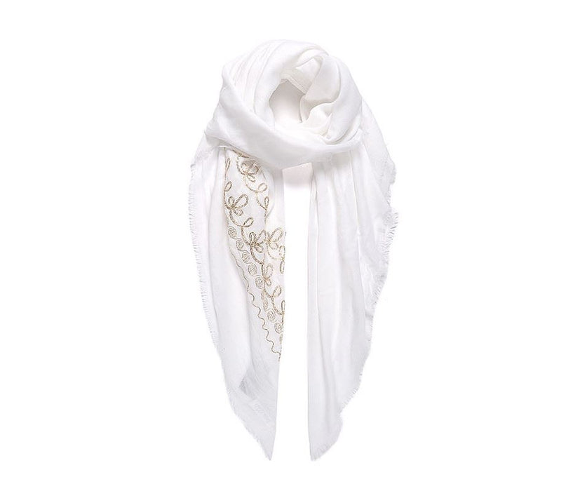 Large white golden floral embroidered square scarf