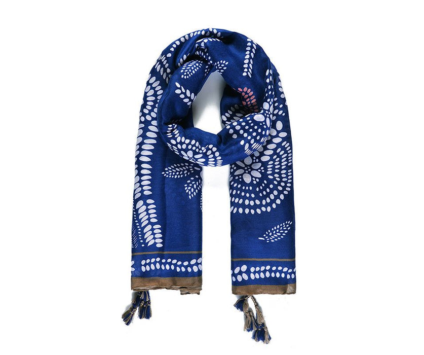 Blue Floral Print Scarf with Tassels