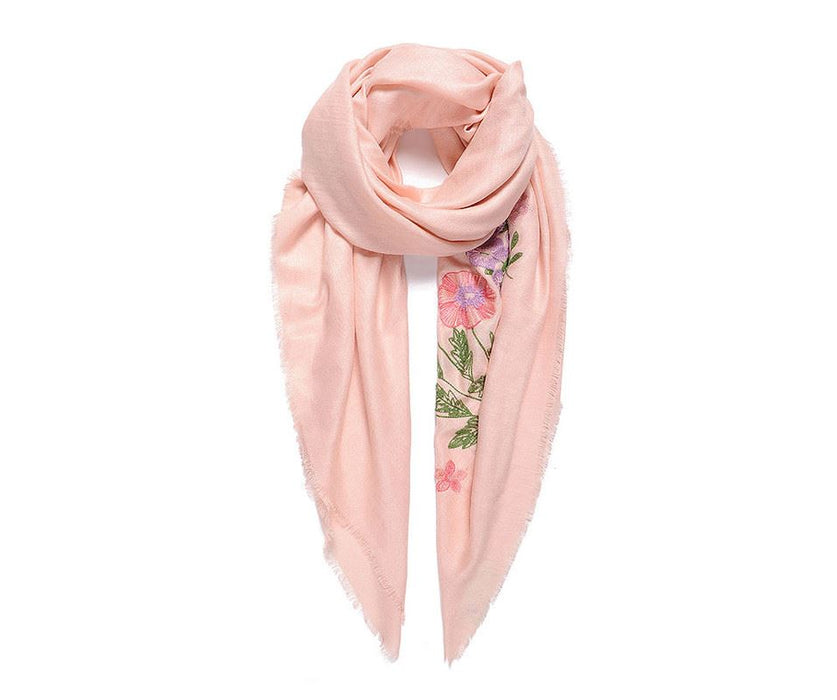Large pink flower embroidered square scarf