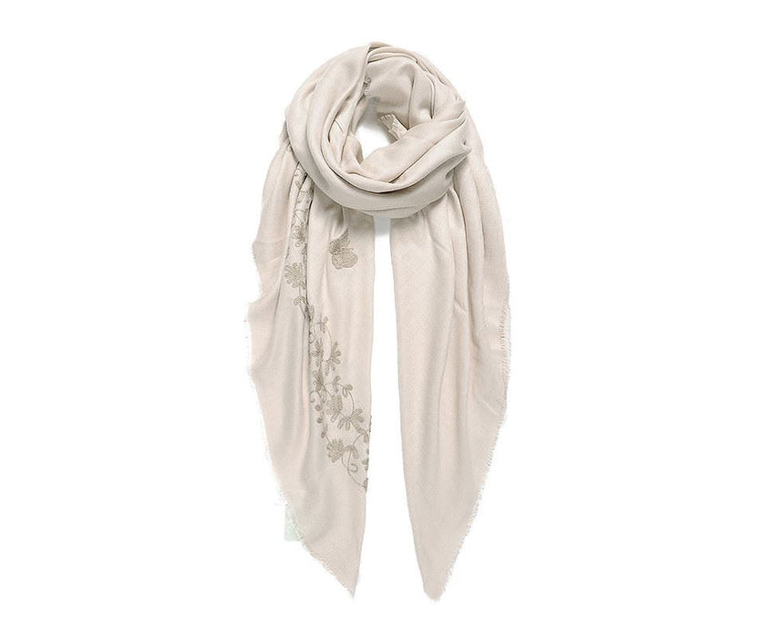Large ivory butterfly and leafy embroidered square scarf